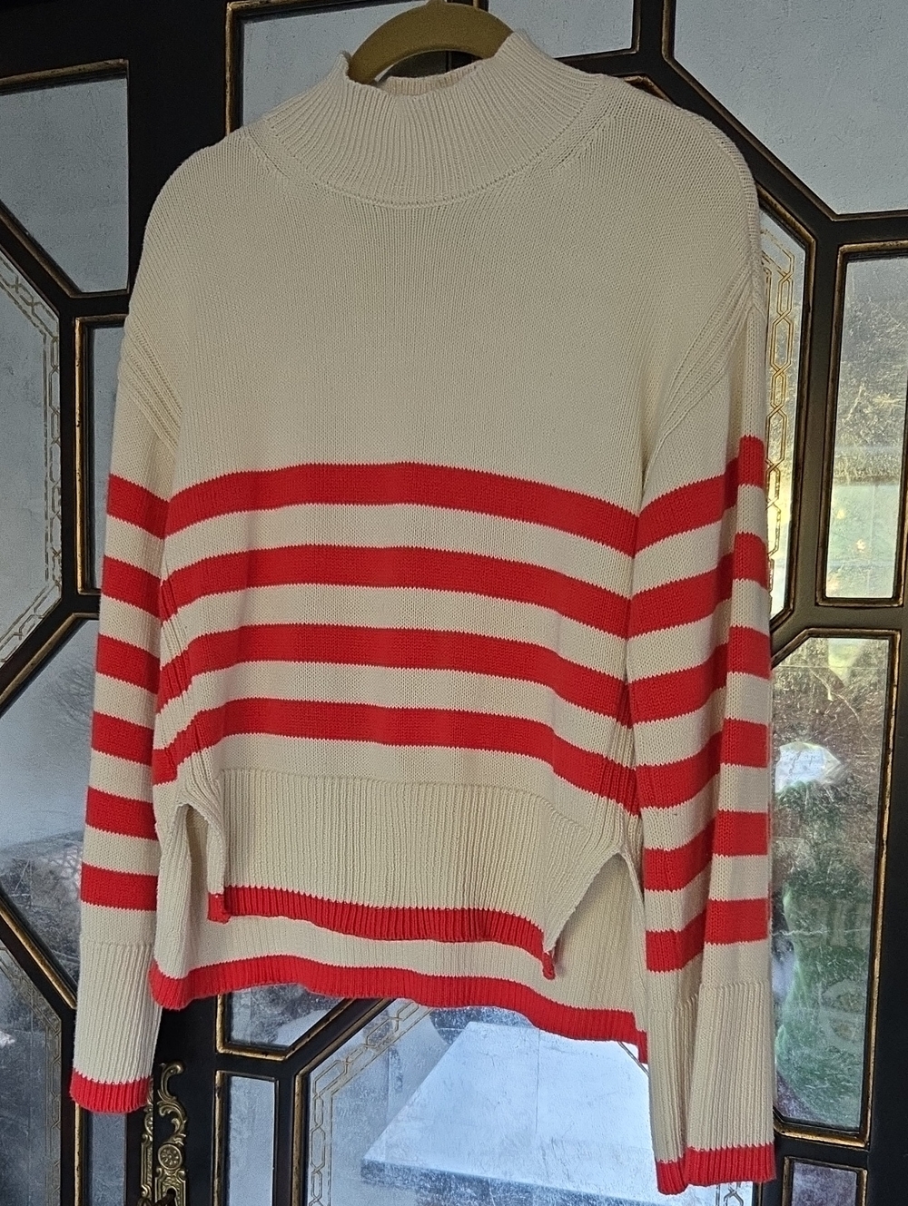 On 34th Cream & Red Striped Mock-Neck Sweater With Bell Sleeves & High-Low Hem